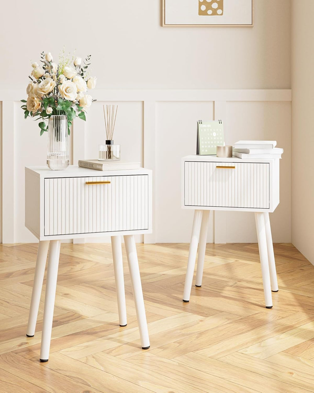 Night Stand Set 2, Modern Nightstand with Fluted Doors, White