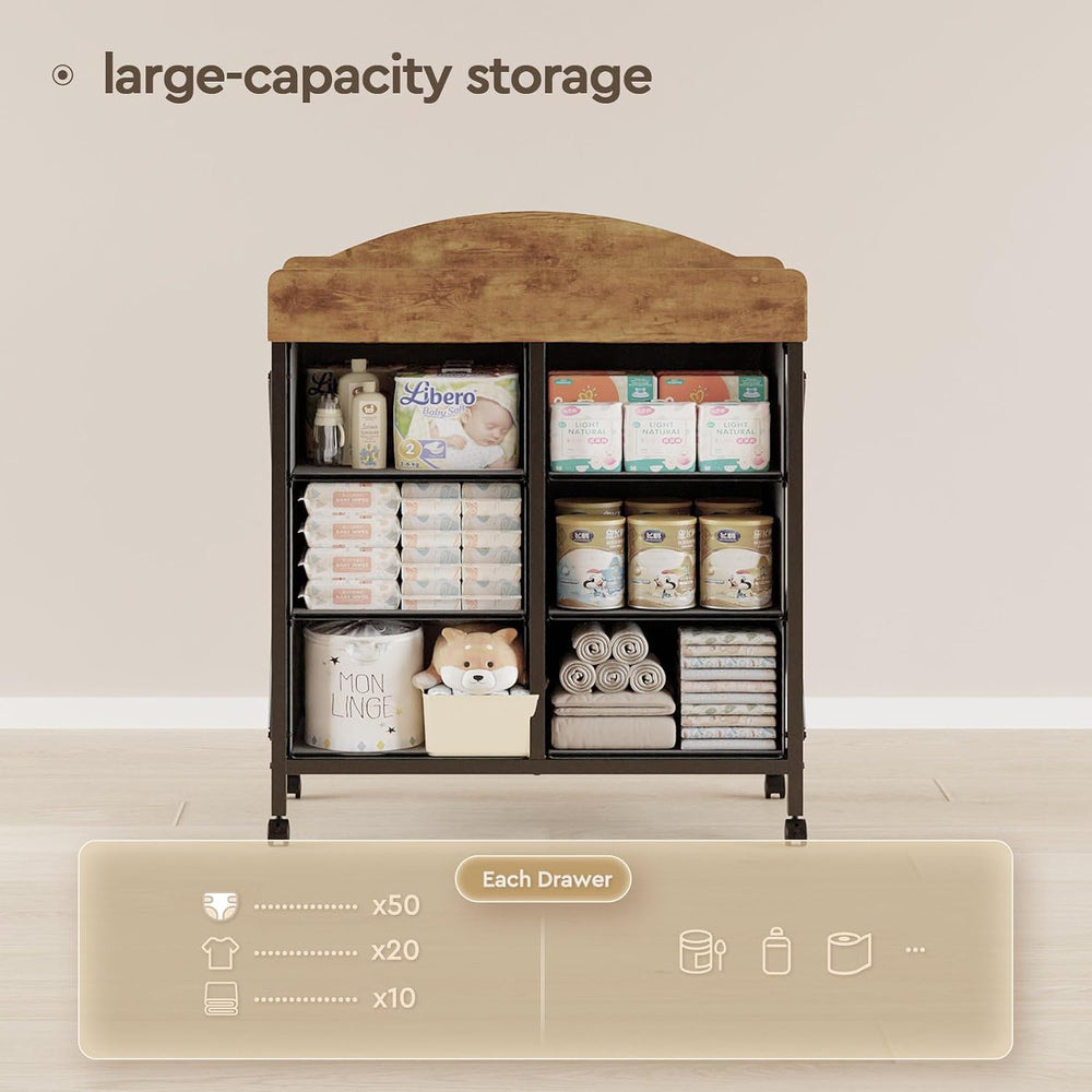 YeTom Changing Table Dresser, 6 Fabric Drawers, Mobile Storage, Brown
