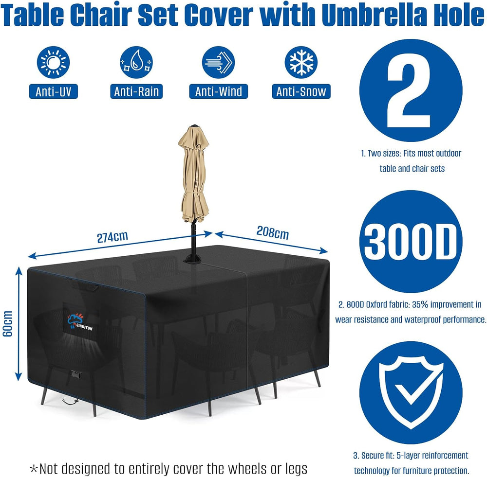 SIRUITON 108" Rectangular Patio Dining Table Cover with Umbrella Hole 300D