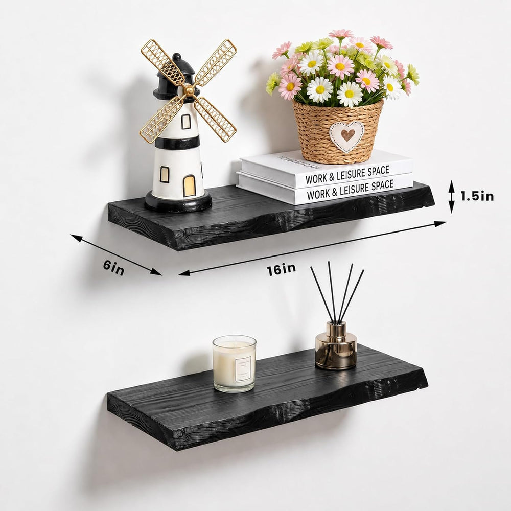 Black Live Edge Floating Shelves, 16 Inch Set of 2, Solid Elm Wood