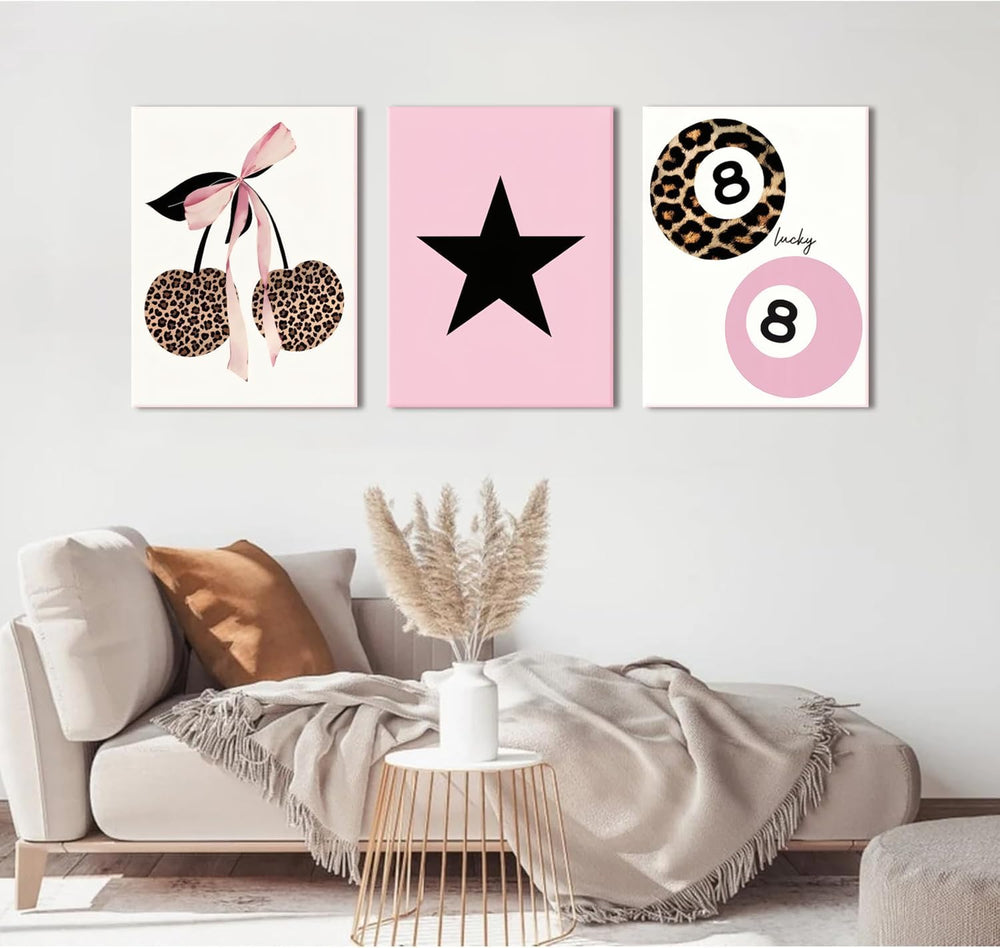Trendy Pink Leopard Bow Canvas Wall Art Set of 3 Funky Cherry Lucky 8 Ball Po...