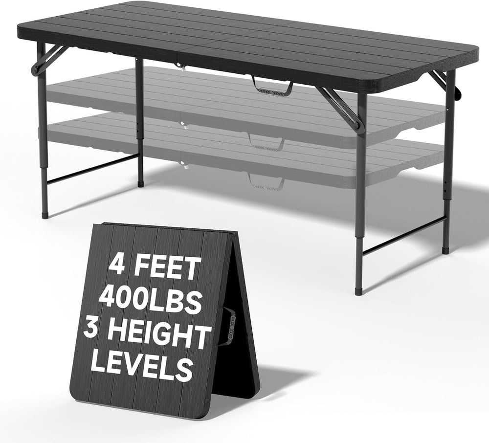 4 FT Folding Table, 3-Position Adjustable Height, Heavy Duty 400 lbs Capacity...