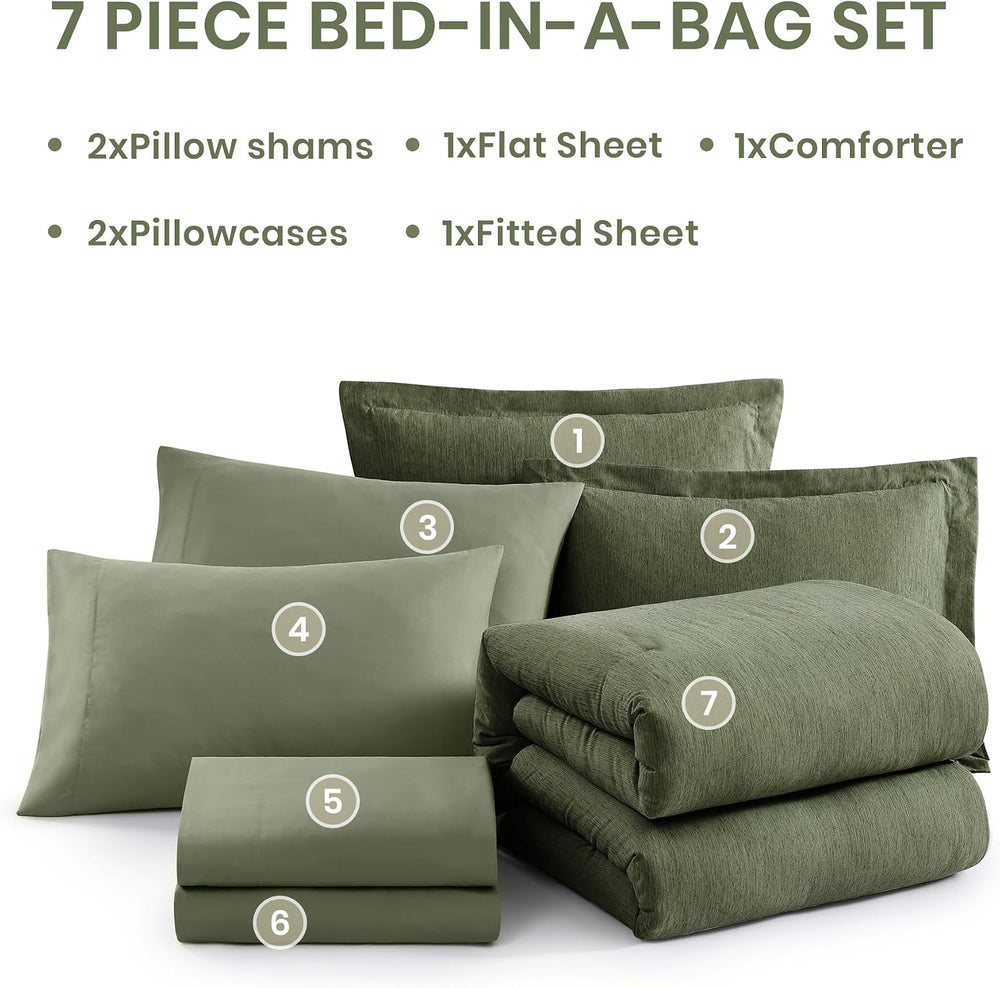 Monbix Queen Comforter Set Olive Green 7 Pieces Bed in a Bag
