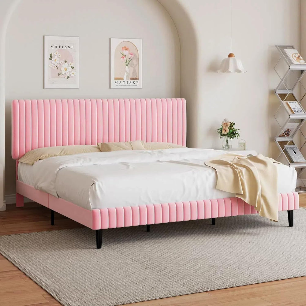 BarnFurin King Upholstered Bed Frame, Adjustable Headboard, Pink