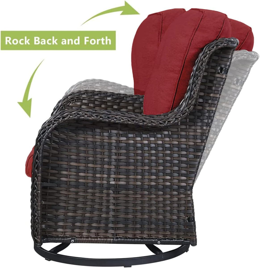 HUMMUH 4 Piece Wicker Patio Swivel Rocker & Ottoman Set, Brown/Red