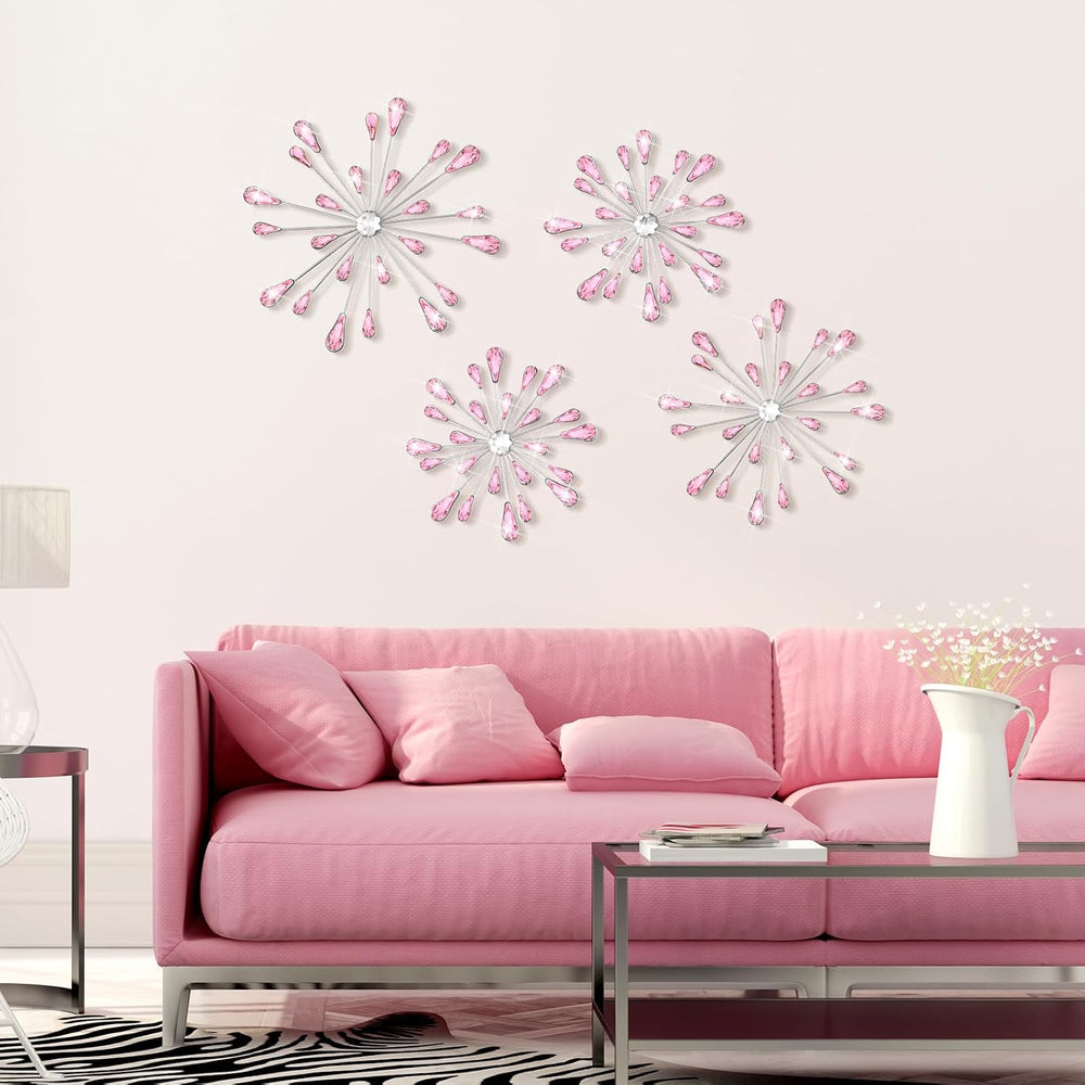 Hicarer 4 Pcs Starburst Wall Decor, Bling Metal Wall Art, Pink