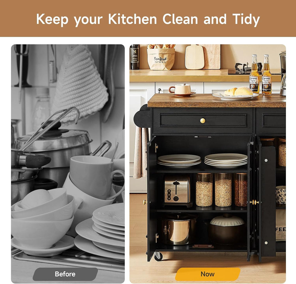 ONBRILL 58" Kitchen Island with Power Outlet, Rolling Kitchen Cart, Black