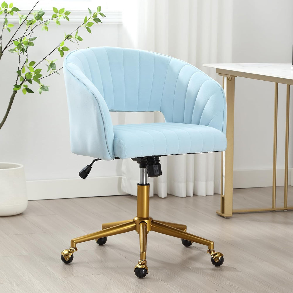 ABET Desk Chair with Wheels, Gold Base, Velvet Accent Vanity Armchair, Blue
