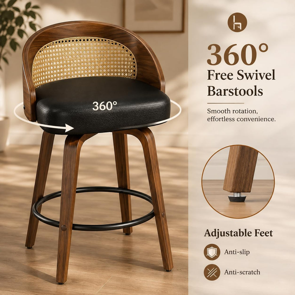 REONEY Swivel Bar Stools Set of 4, 26" Counter Height, Rattan Black