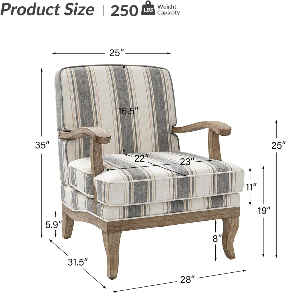 HULALA HOME Farmhouse Striped Accent Chair with Solid Wood Legs, Dark Grey