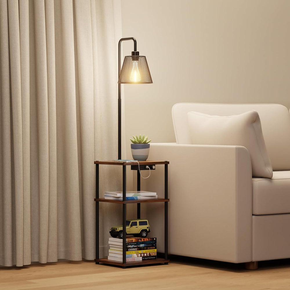 Floor Lamp with Table and Shelves, Side Table with USB Charging Port and Outl...