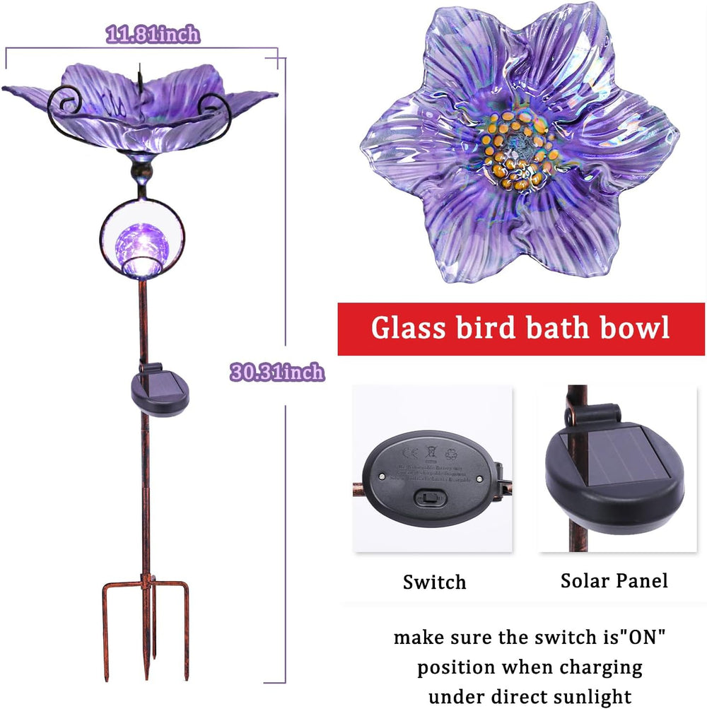 MUMTOP Glass Bird Baths with Solar Globe Light for Outdoors Garden Decor