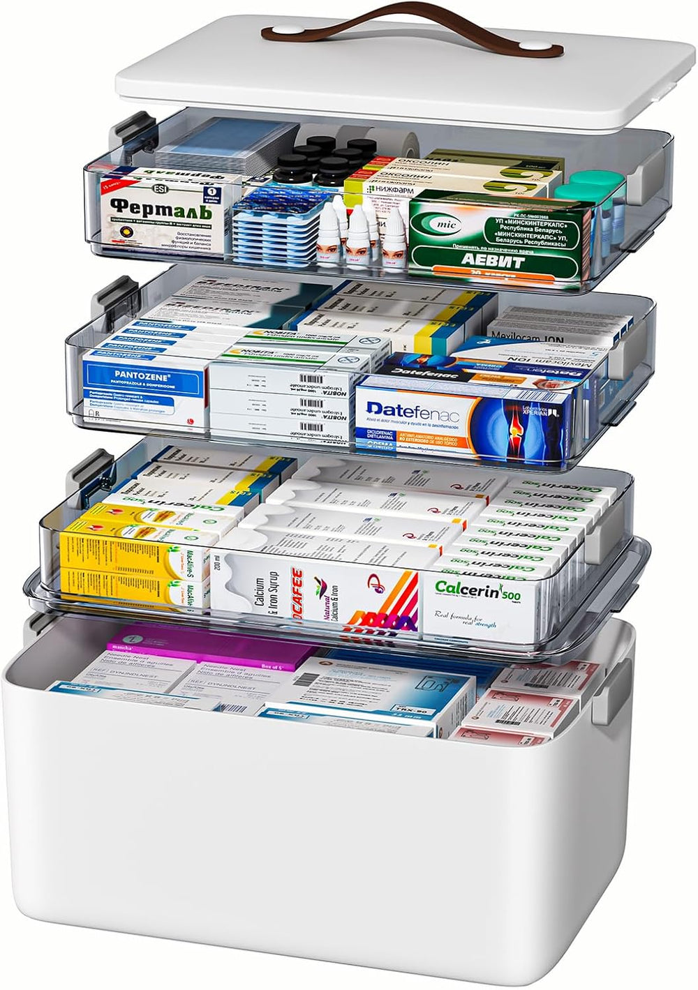 JOYBOS 4-Tier Medicine Organizer Storage Box with Lid and Leather Handle, Por...