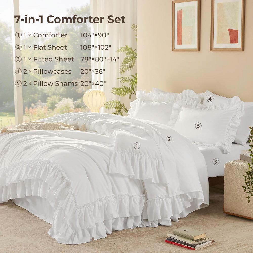 Litanika King Size Comforter Set, 7 Pcs White Ruffle Bed in a Bag
