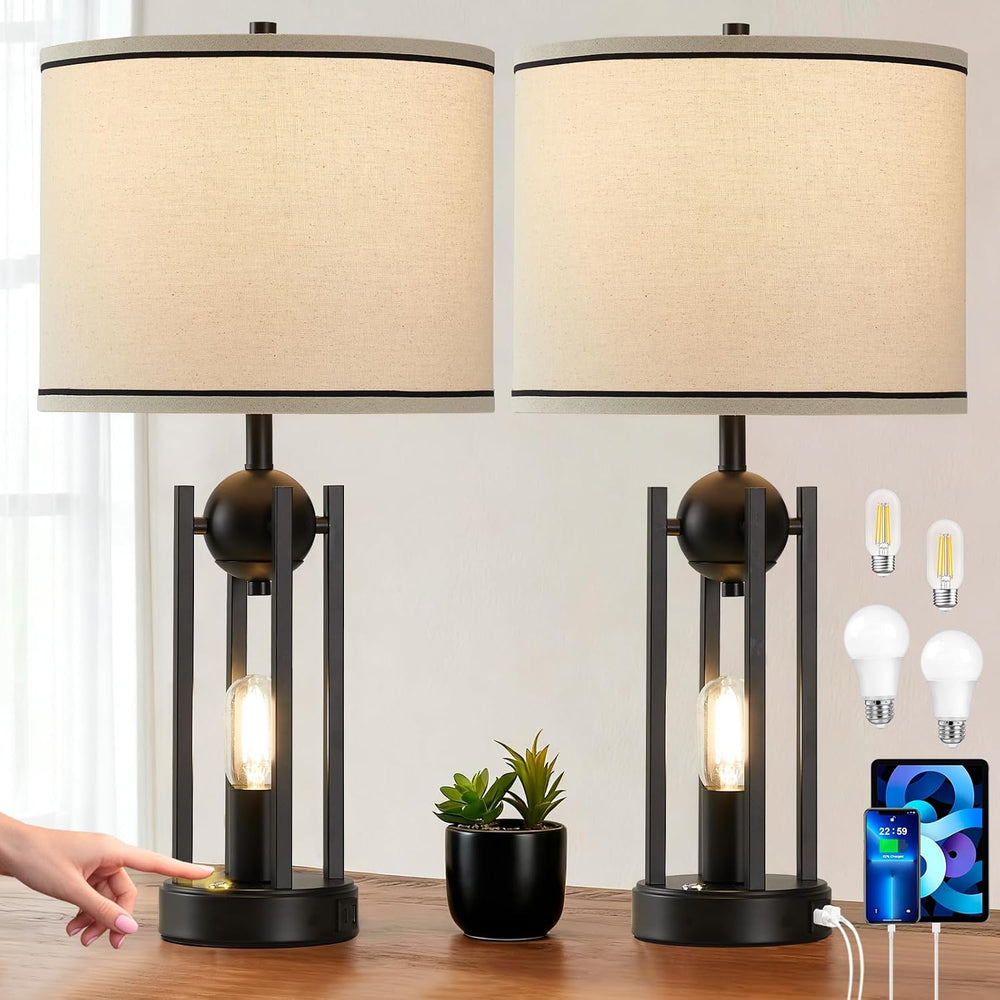 Upgraded Dual-Light Table Lamp Set of 2, USB C+A Ports-Black 25''