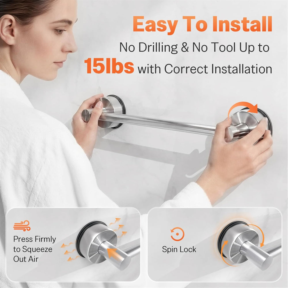 Suction Cup Towel Bar for Bathroom Wall, No-Drill Towel Rack Silver