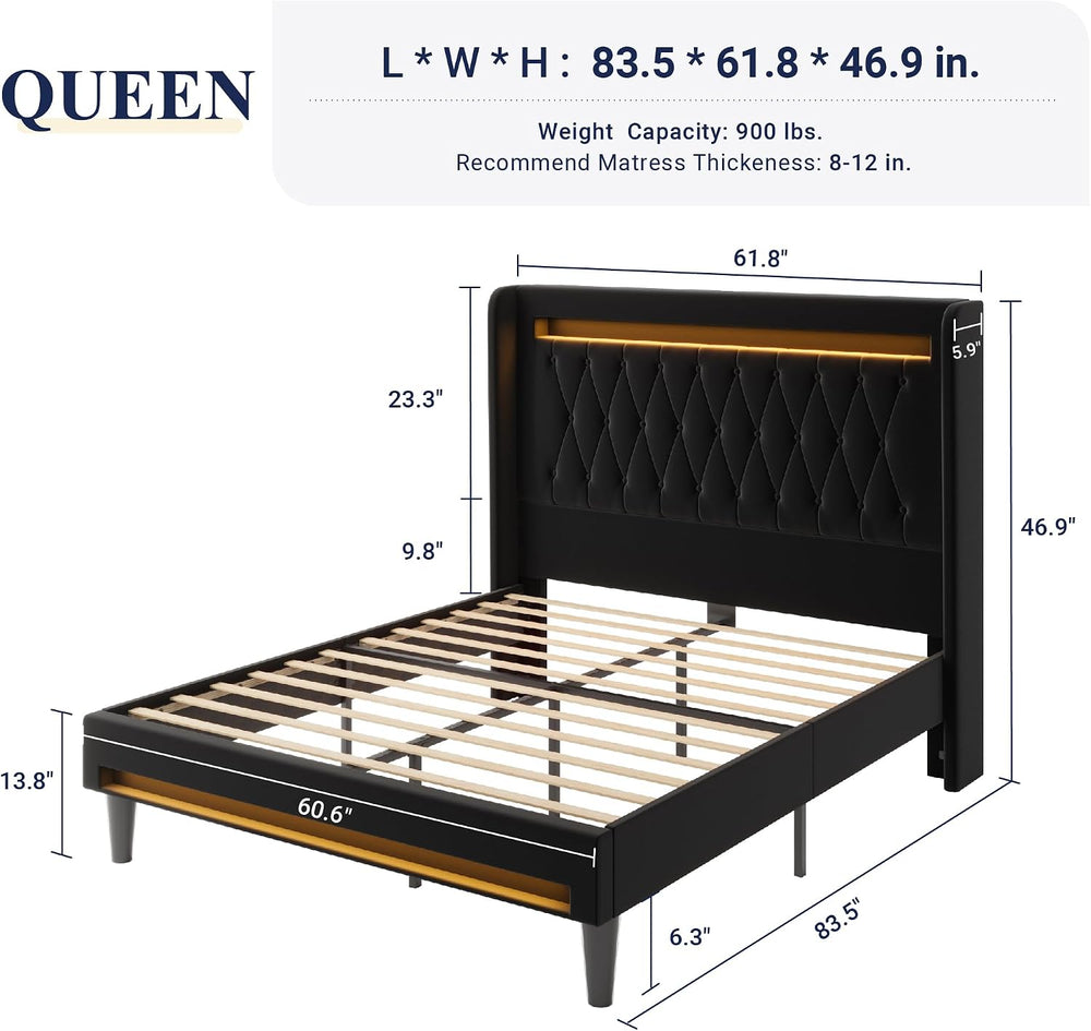 Allewie Queen Size Upholstered Bed Frame with LED & Charging Station, Black