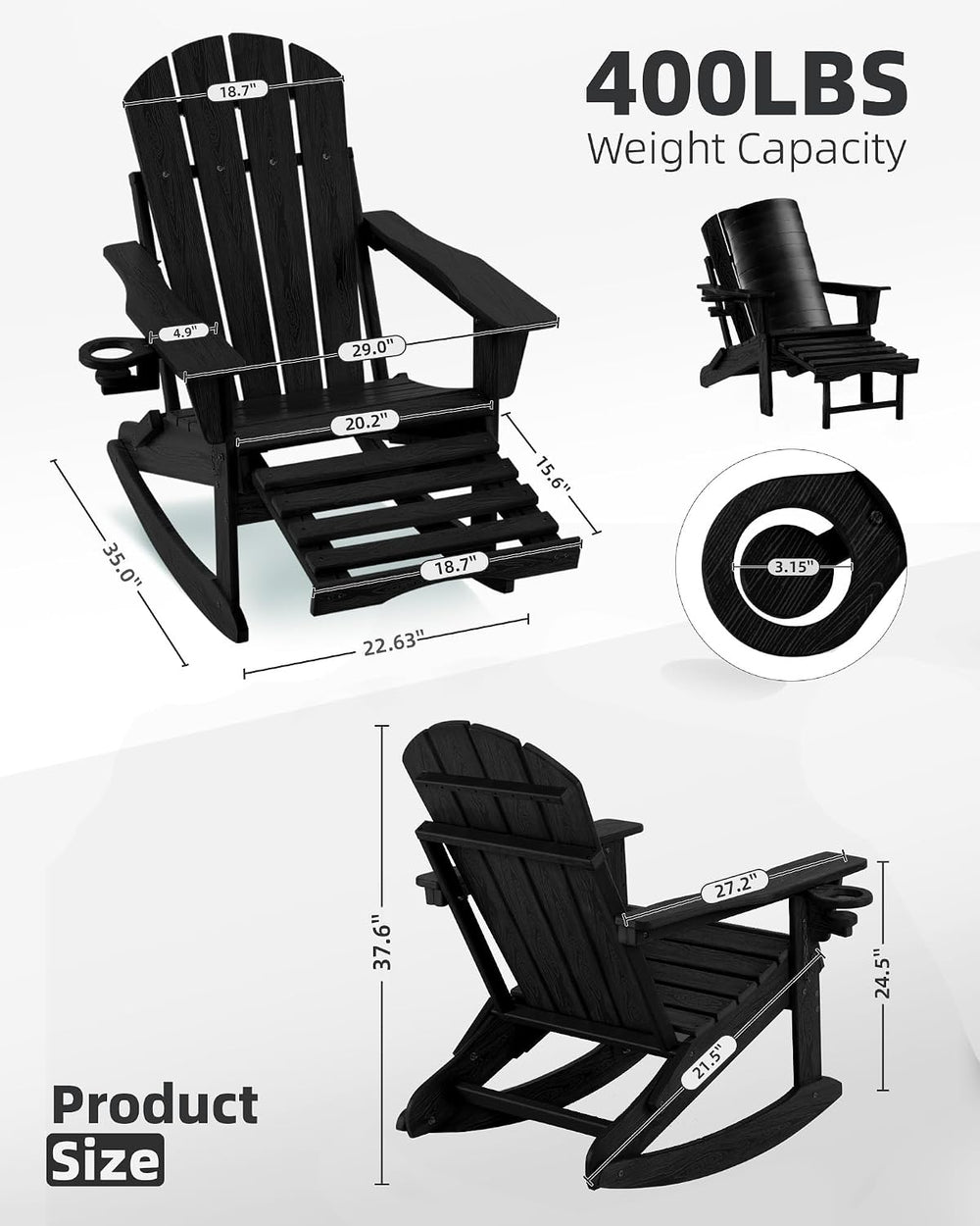 Folding Adirondack Rocking Chair 4-in-1 Retractable Ottoman,Black