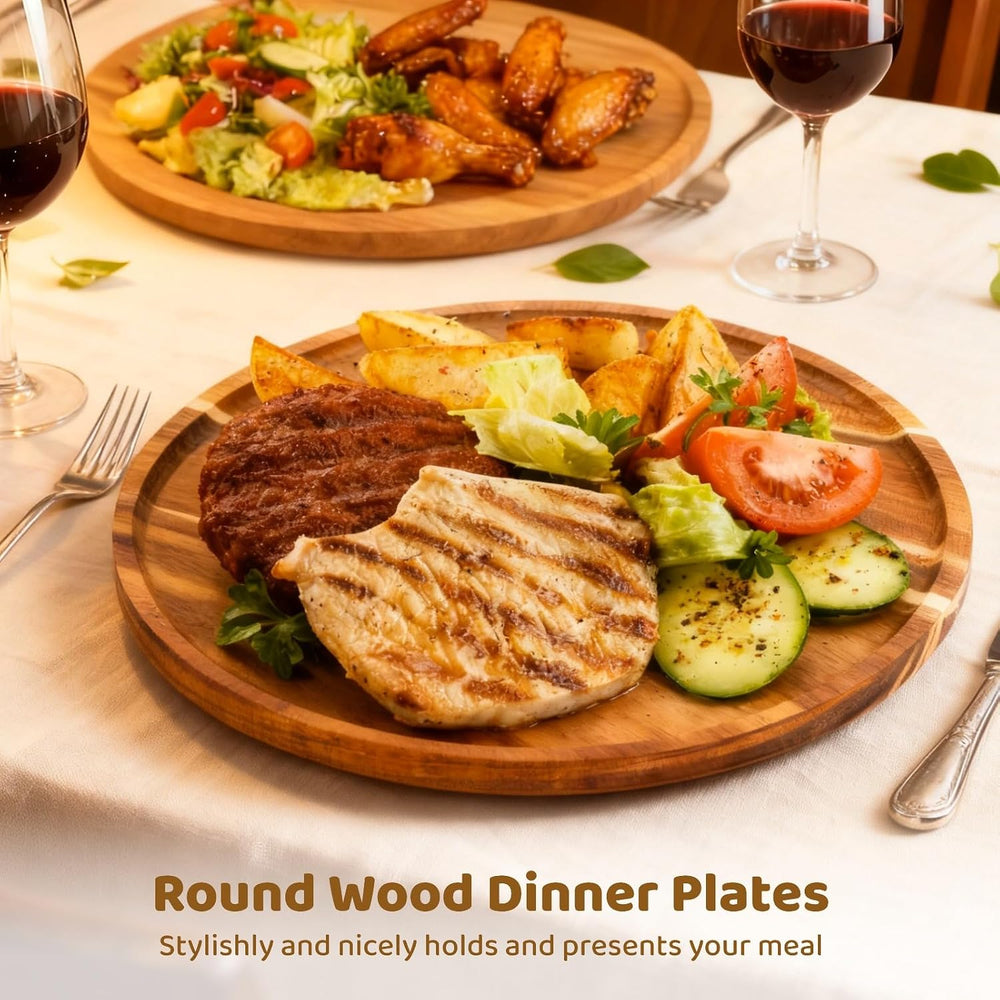 OMISTAR 4 Pcs Acacia Round Wood Dinner Plates, 9.8 in Decorative Wooden Plate...