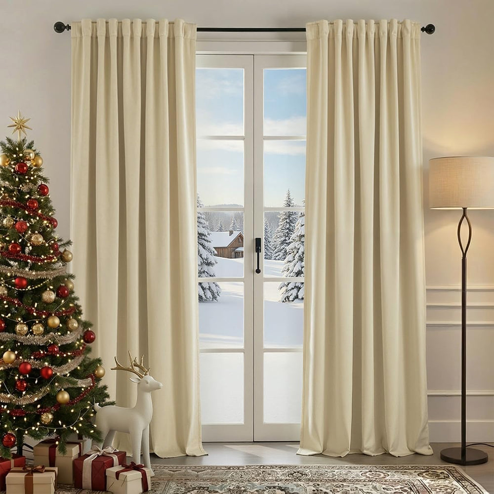 Nemia Ivory White Velvet Curtains Thermal Insulated Blackout Curtain for Bedr...