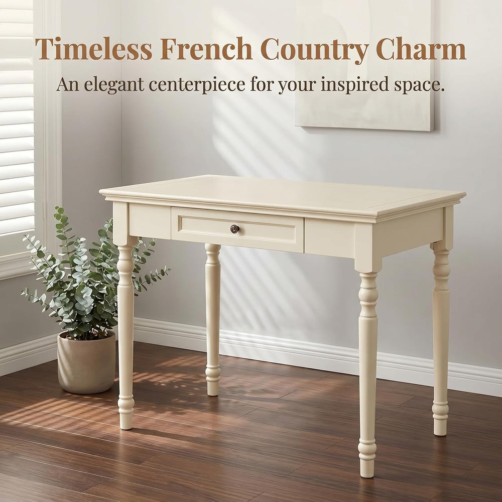French Country Style Writing Desk with Drawers, White, 35"