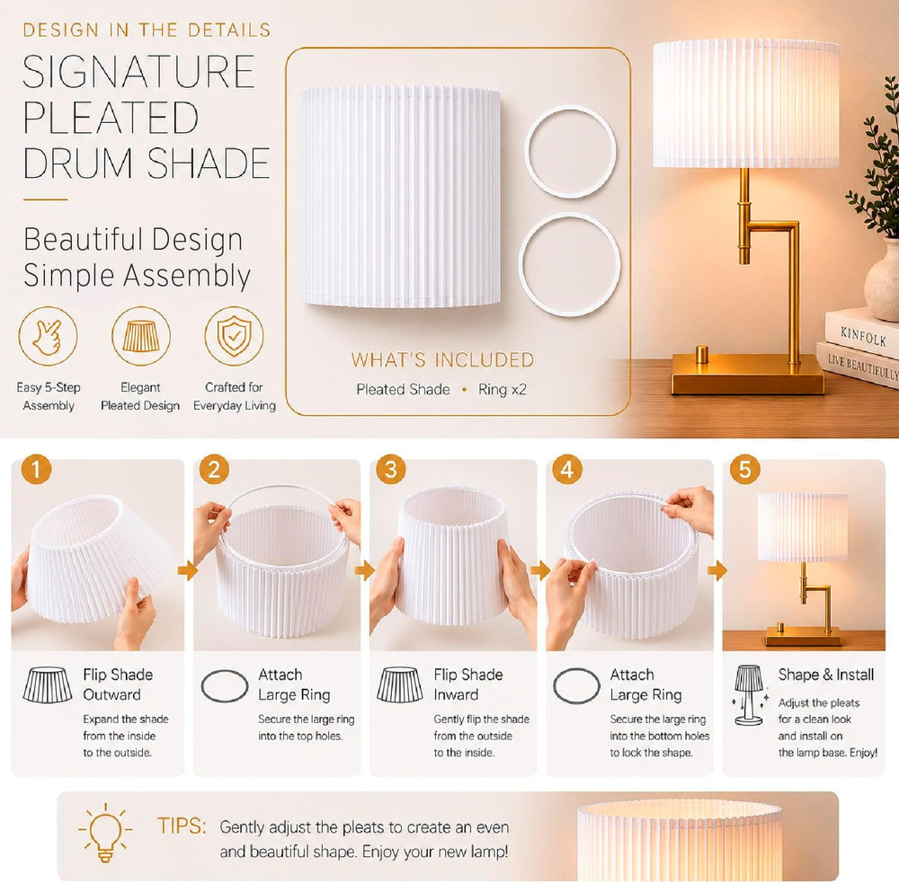 HarvestLand Clara Brass Table Lamp with USB, DIY Pleated Bedside Lamp