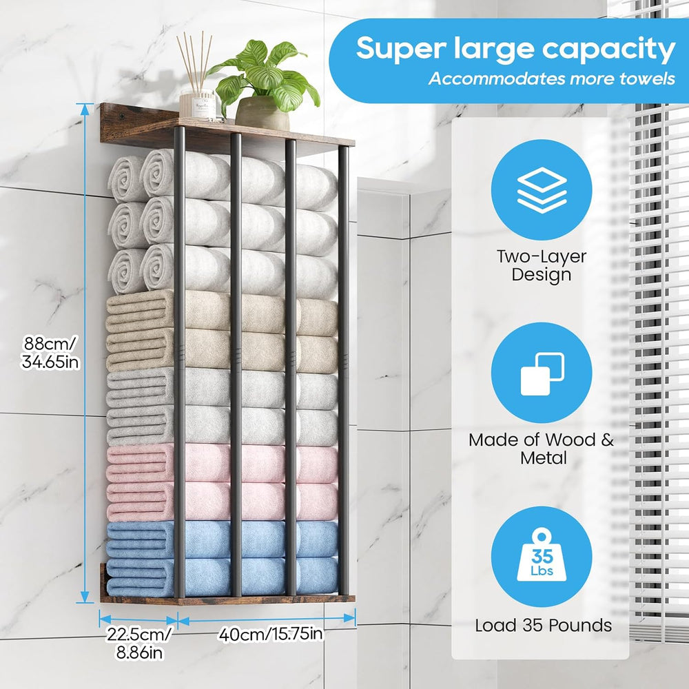 Wall Mounted 4-Bar Towel Rack with Wooden Shelf, Bathroom Storage Holder