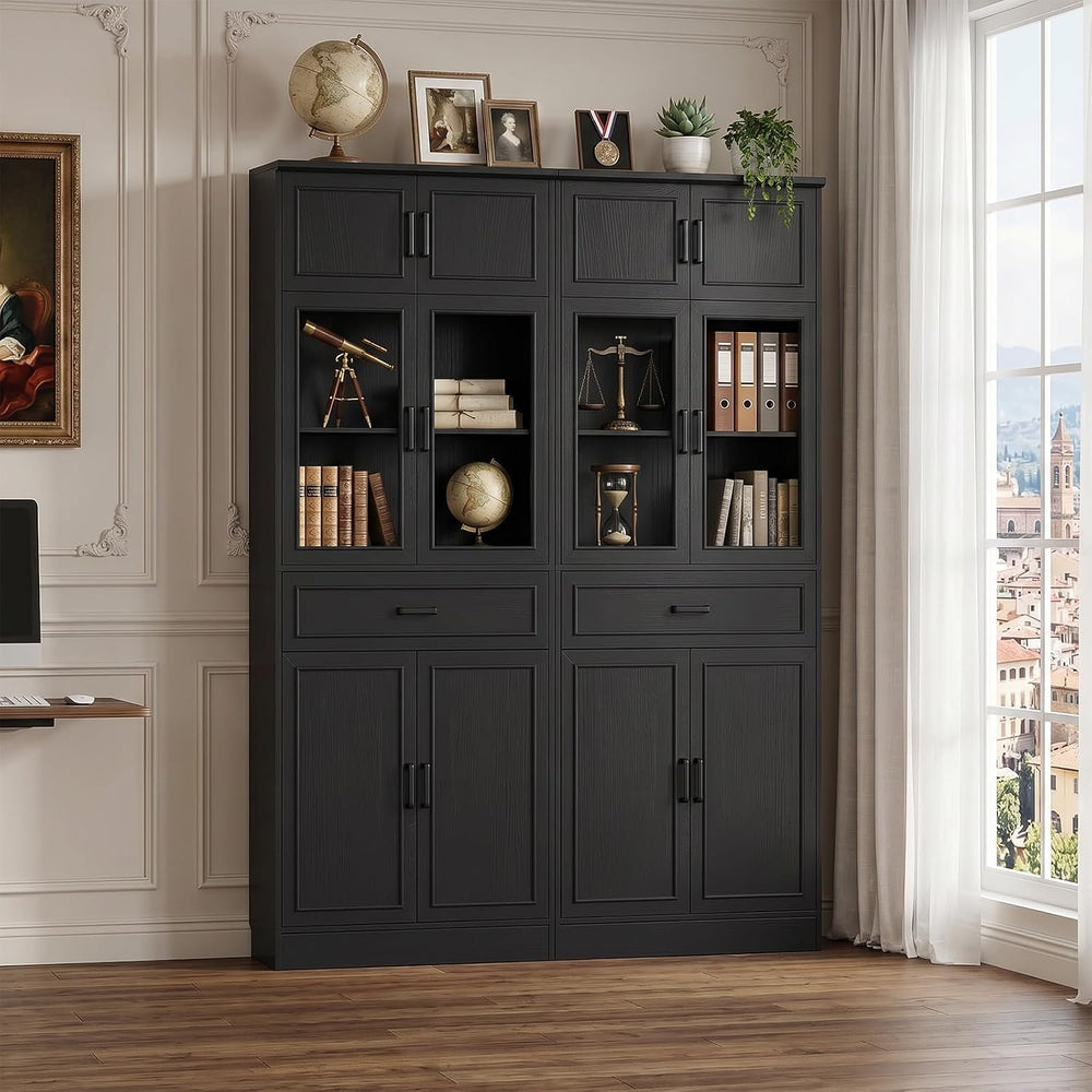 Unikito 80" Kitchen Pantry Cabinet with Glass Doors and Drawer Organizer