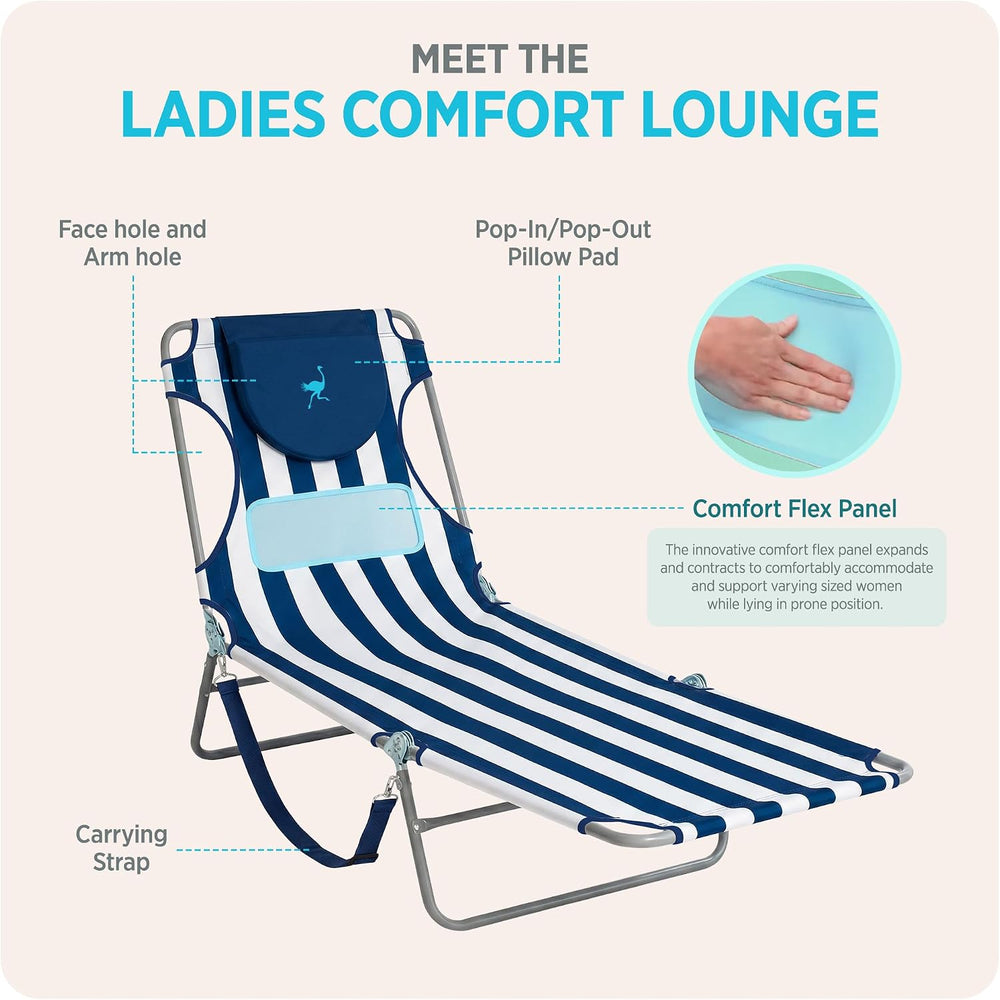 Ostrich the Ladies Comfort Lounger, Outdoor Reclining Beach Chair, Stripe