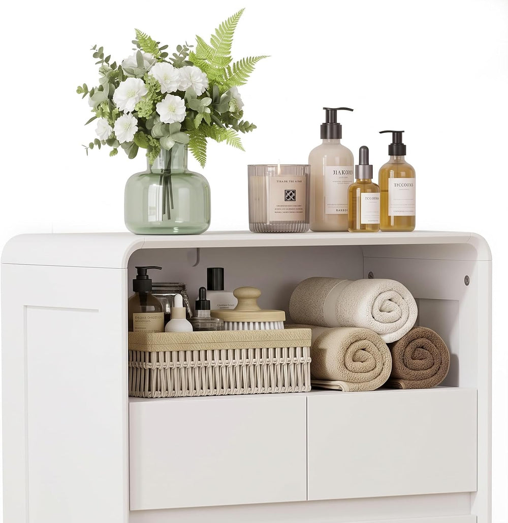 45" Tall Bathroom Storage Cabinet, White Oak, Arched Doors