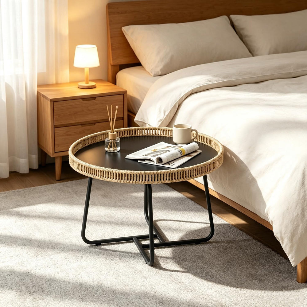Small Boho Coffee Table Round Rattan, 20 inch Side Table Wicker Metal Legs