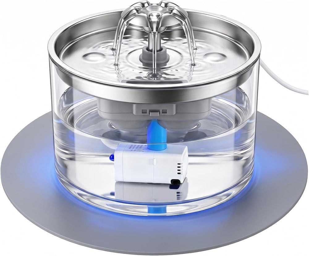 2.8L/95oz Glass Cat Water Fountain with Stainless Steel Lid