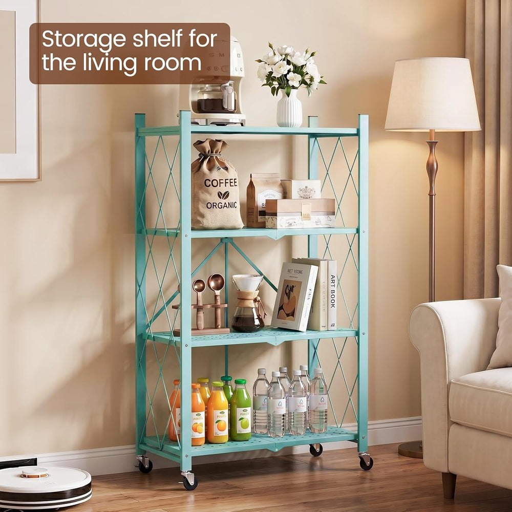 ALANNG 4 Tier Folding Shelf with Wheels, No Assembly Metal Storage Rack