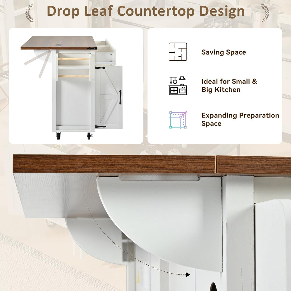 53 in Rolling Kitchen Island Cart with Storage & Power Outlet, Retro White