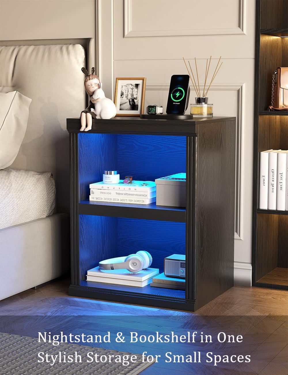 LED Nightstand with Charging Station, 2-Tier Bookcase, Black