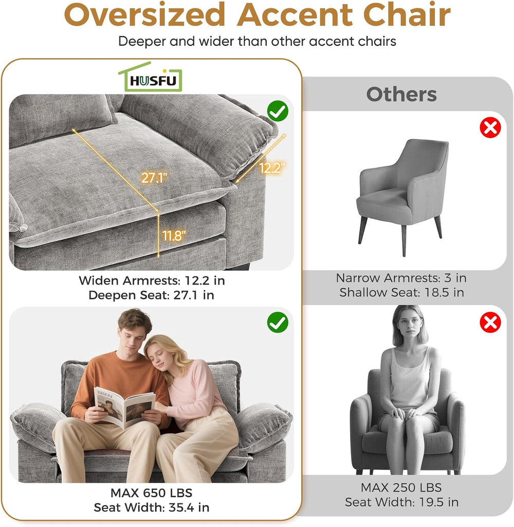 HUSFU Oversized Accent Chair, 50'' W Chenille Cloud Sofa Chair, Gray