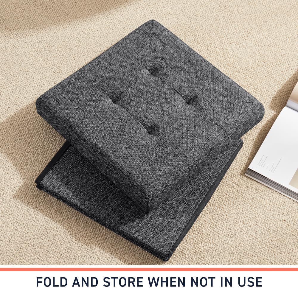 Ornavo Home 2 Pack 15 Inch Folding Storage Ottoman Cube, Linen, Dark Gray