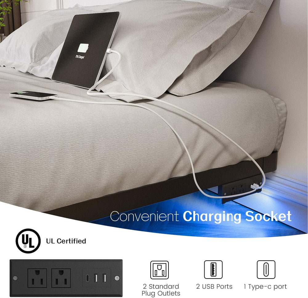 OLEVS Floating Bed Frame Full Size Metal with LED Light & Charging Station