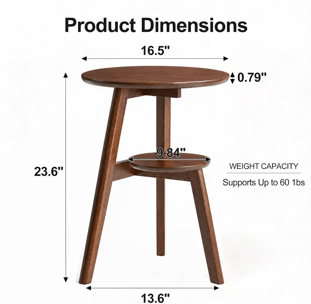 Small Round Side Table, 16.5" 2-Tier Solid Wood End Table, Walnut