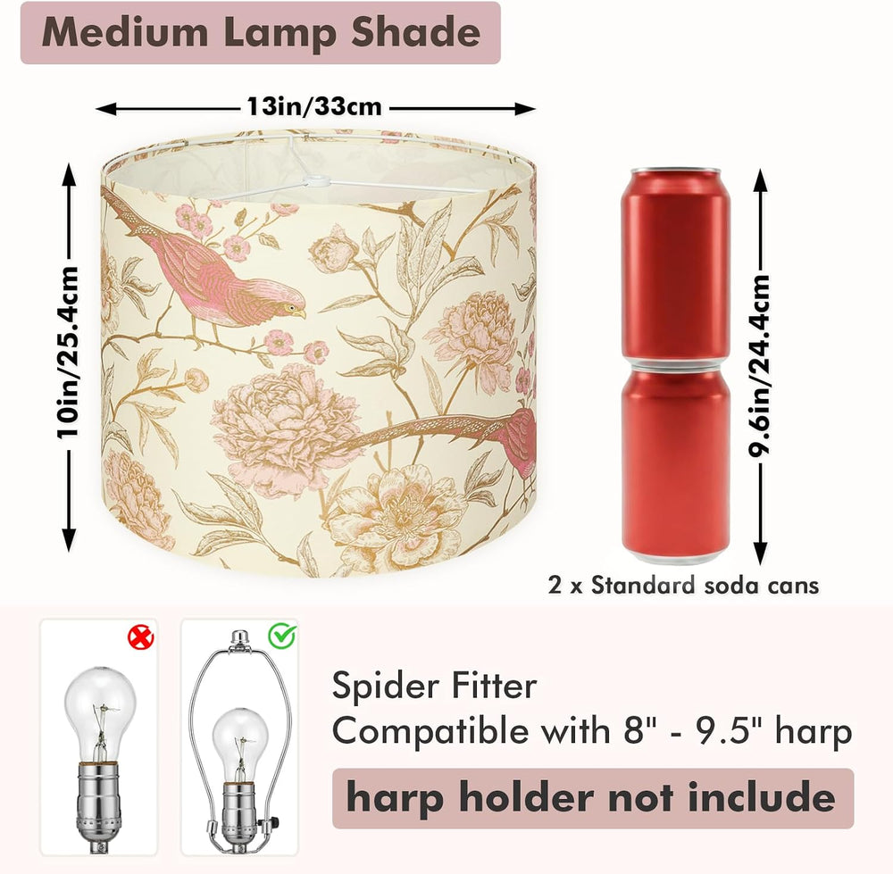2-Pack Floral Bird Print Drum Lamp Shades – 13"x13"x10" with S...