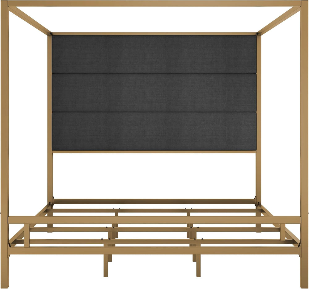 Merax King Canopy Bed Frame with Tall Linen Headboard, Metal 4 Poster Bed