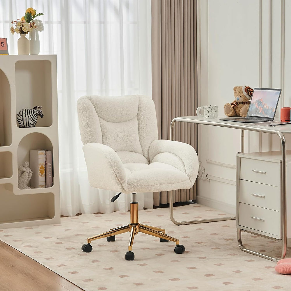 FOXHUNTER Vanity Chair with Wheels 360°Swivel Office Chair Teddy, White