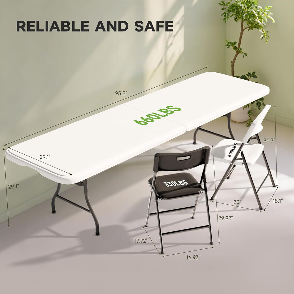 8FT Folding Table Set with 8 Chairs – Heavy-Duty 660 lb Table & 330 lb Ch...
