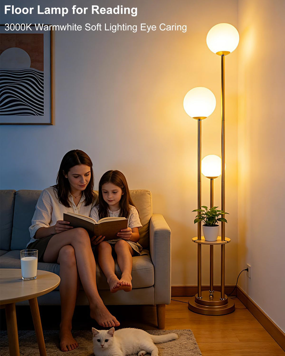 Lightdot Gold Floor Lamp 3-Lights Dimmable Floor Lamps with Tray 3000K Bulbs ...