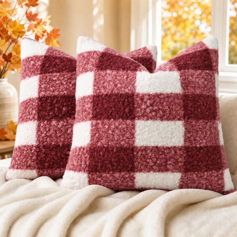decorUhome Faux Fur Plaid Throw Pillow Covers 24X24 Set of 2 Red