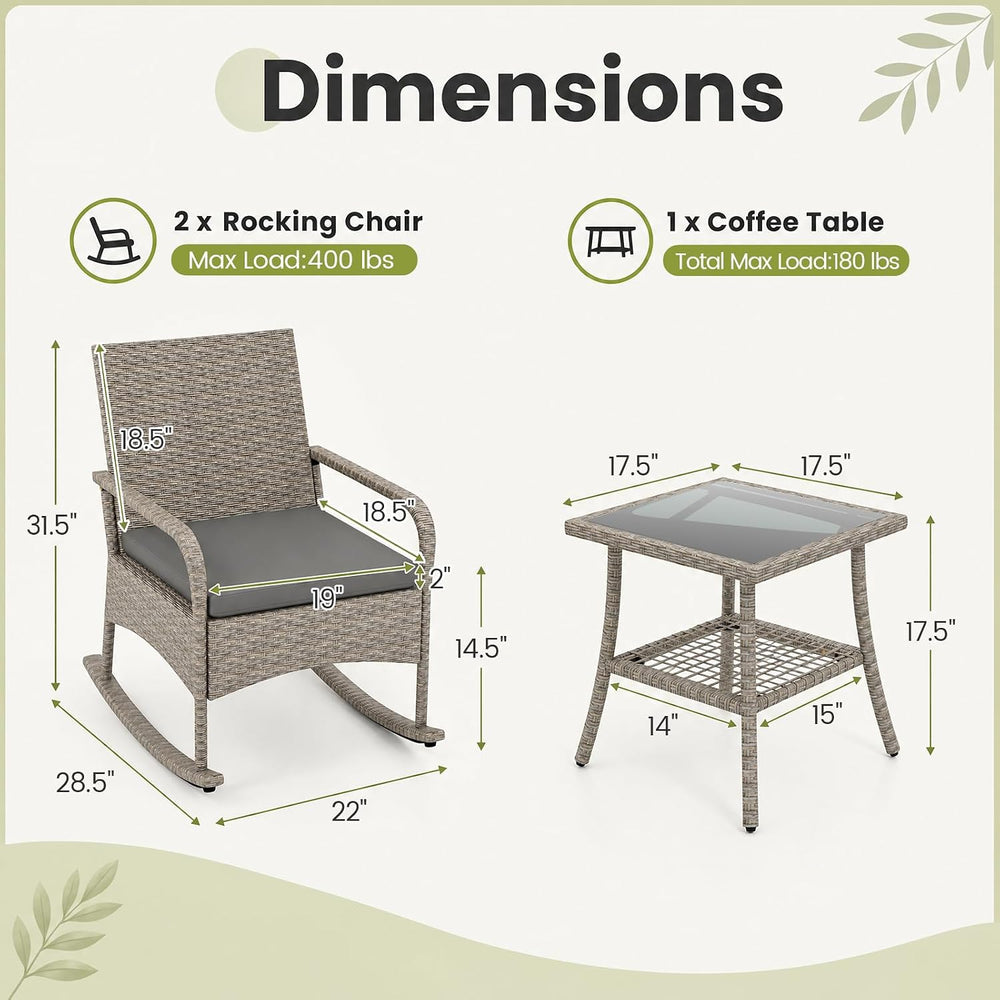 Tangkula 3-Piece Outdoor Wicker Rocking Bistro Set with 2-Tier Coffee Table