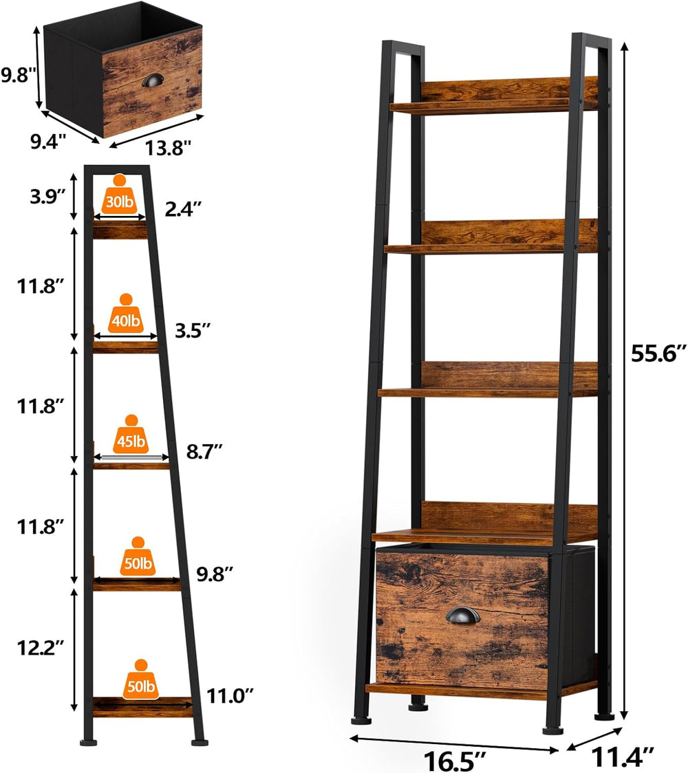 Furologee Ladder Shelf, 5 Tier Bookshelf with Fabric Drawer, Rustic Brown