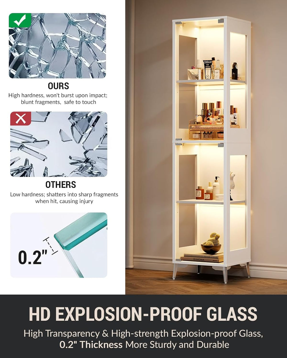Glass Display Cabinet, 4-Tier Curio Cabinet, Adjustable Shelves, 60,000 Color...