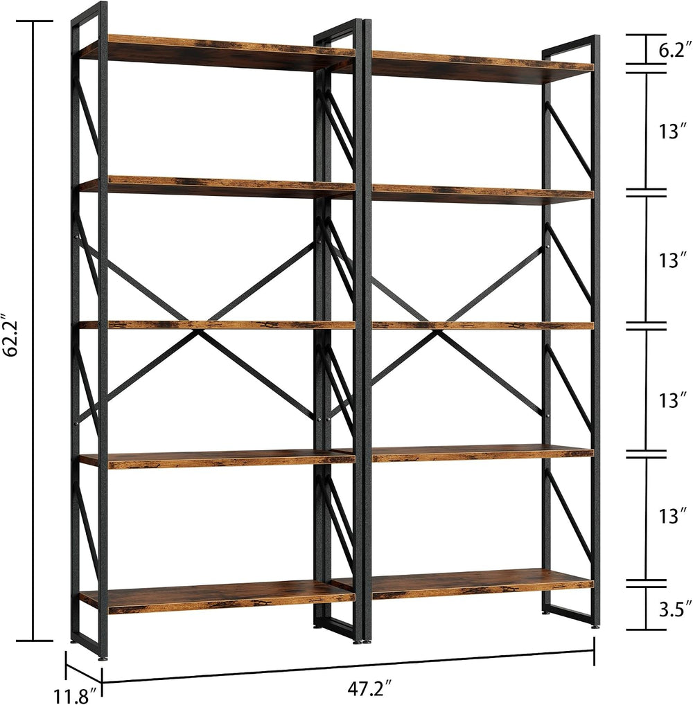 Shintenchi 2 Pieces 5 Tiers Bookshelf, Classically Tall Bookcase Shelf, Indus...