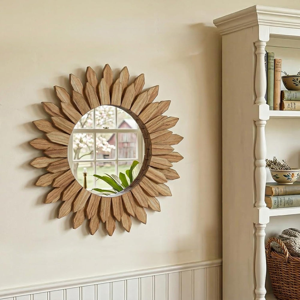 28" Round Sunburst Wooden Mirror Boho Rustic Wall Decor